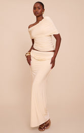Cream Double Layer Slinky Drape Waist Maxi Skirt