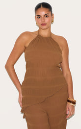 Plus Chocolate Textured Woven Backless Sheer Asymmetric Long Top