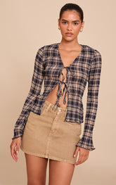 Blue Plisse Check Printed Blouse