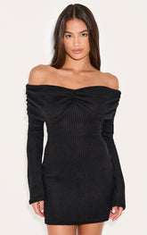 Black Brushed Rib Bardot Long Sleeve Bodycon Dress