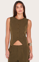 Khaki Tailored Woven Pinstripe Cinched Waistcoat