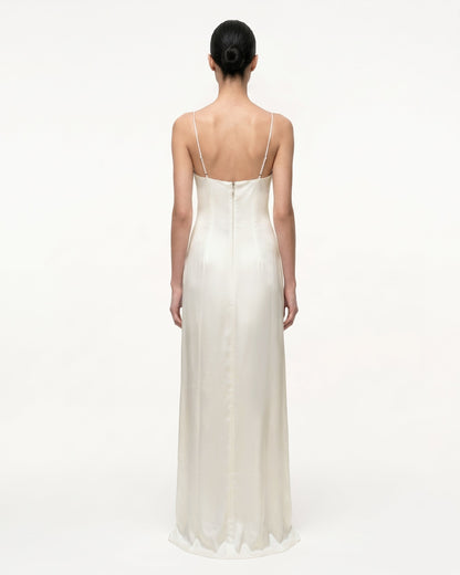 Iris Motif Satin Slip Gown - Olive Green
