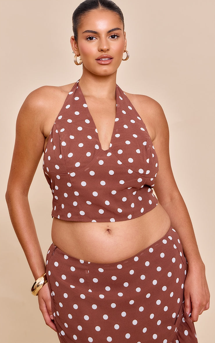 Plus Chocolate Polka Dot Halterneck Chiffon Top