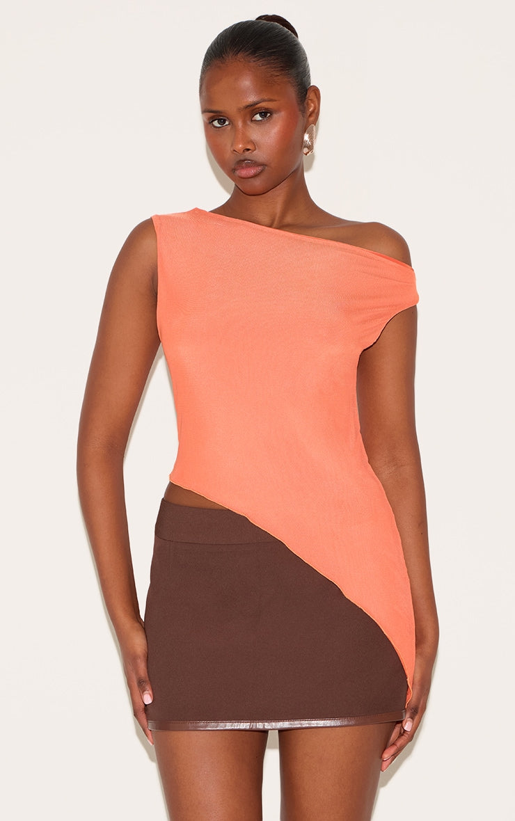 Paprika Asymmetric Neck Mesh Top