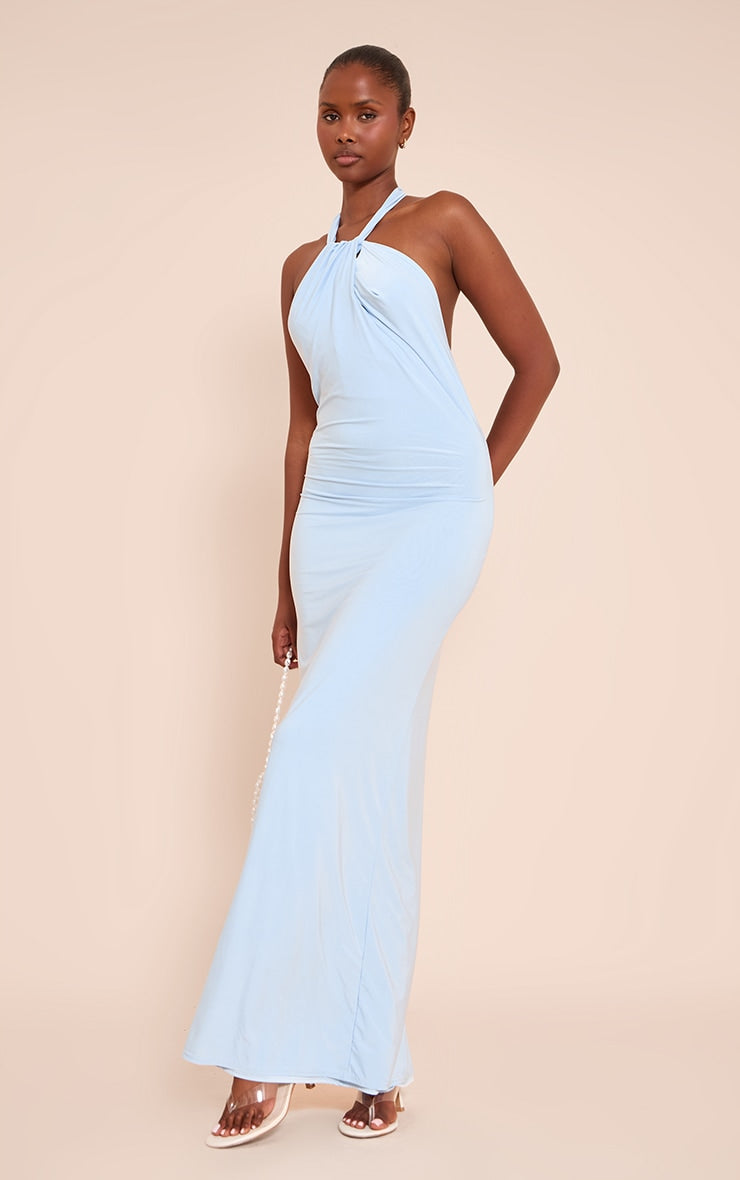 Blue Double Layer Slinky Halterneck Maxi Dress