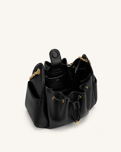 Rowan Ruched Drawstring Chain Bucket Bag - Dark Red Croc