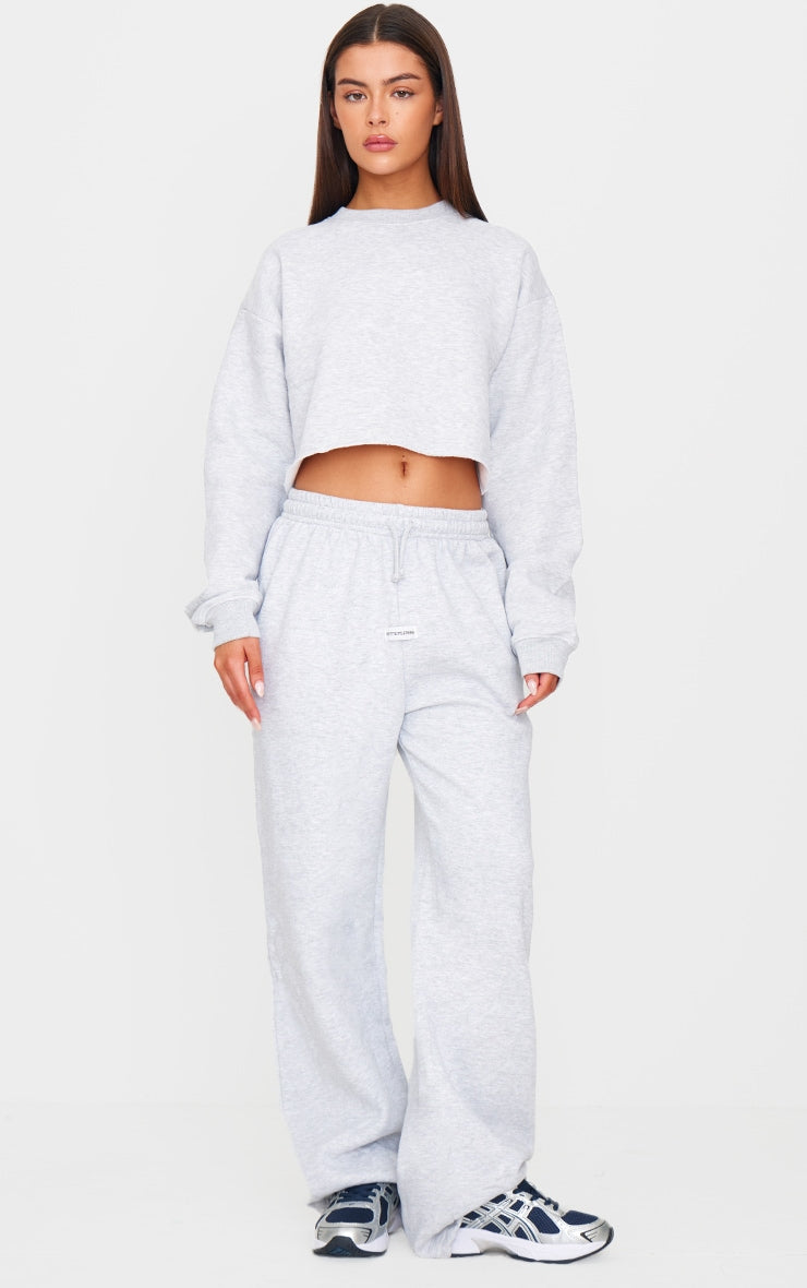 PRETTYLITTLETHING Ash Grey Badge Detail Mid Rise Wide Leg Joggers