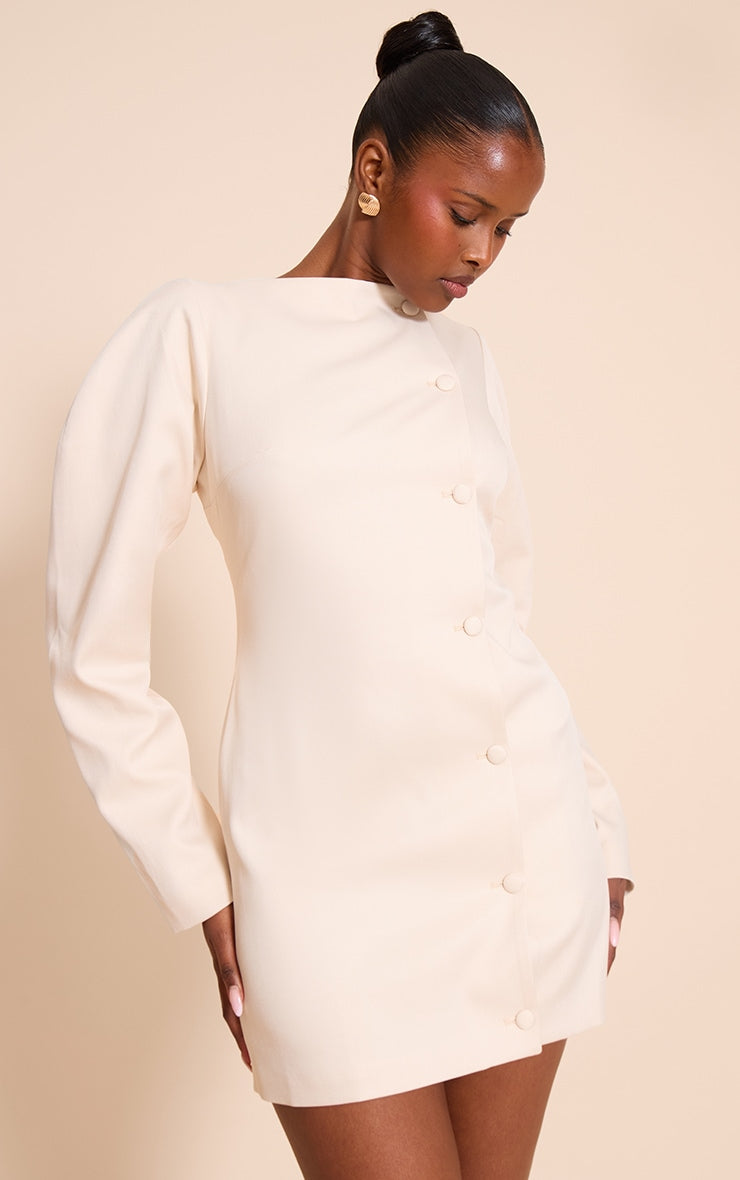 Cream Woven Slash Neck Button Detail Mini Dress
