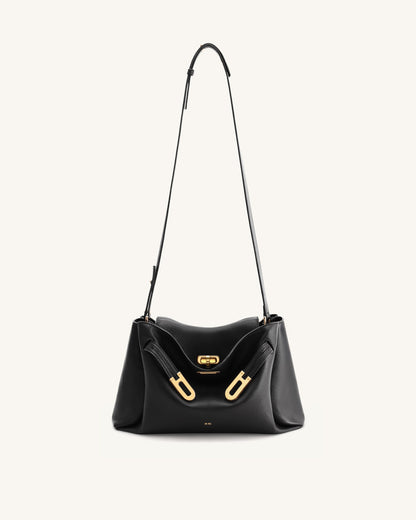 Rhea Pebbled Double Buckle Shoulder Bag - Black