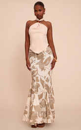 Sage Leaf Print Linen Fishtail Low Rise Maxi Skirt
