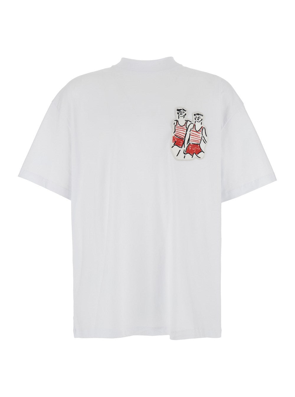 Msgm White Crewneck T-Shirt with Patch on the Front and Logo Lettering on the Back in Cotton Man