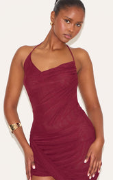 Wine Mesh Ruched Halter Neck Mini Dress