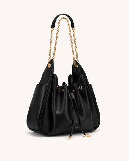 Rowan Ruched Drawstring Chain Bucket Bag - Black