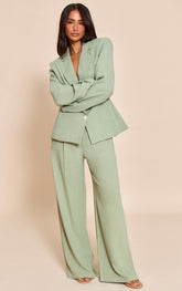 Petite Sage Green Linen Pleat Trousers