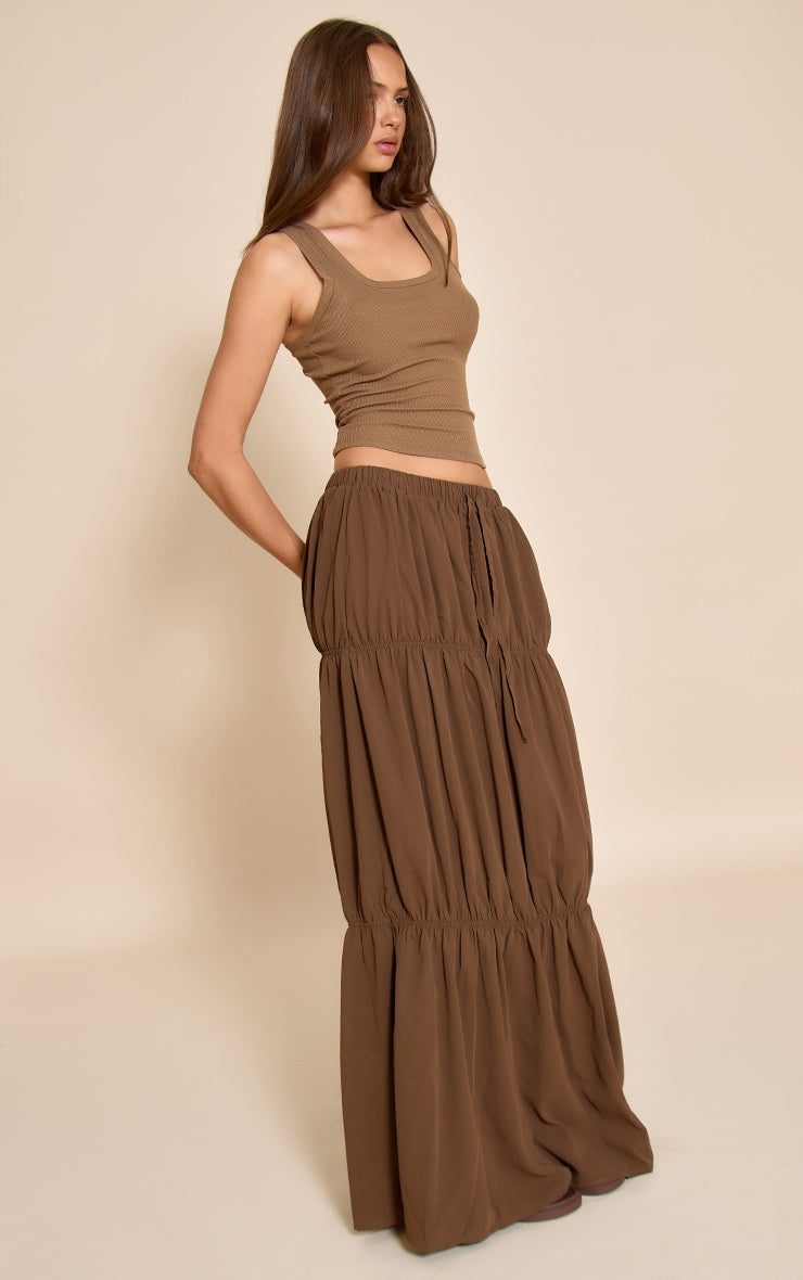 Brown Chiffon Tiered Bubble Maxi Skirt