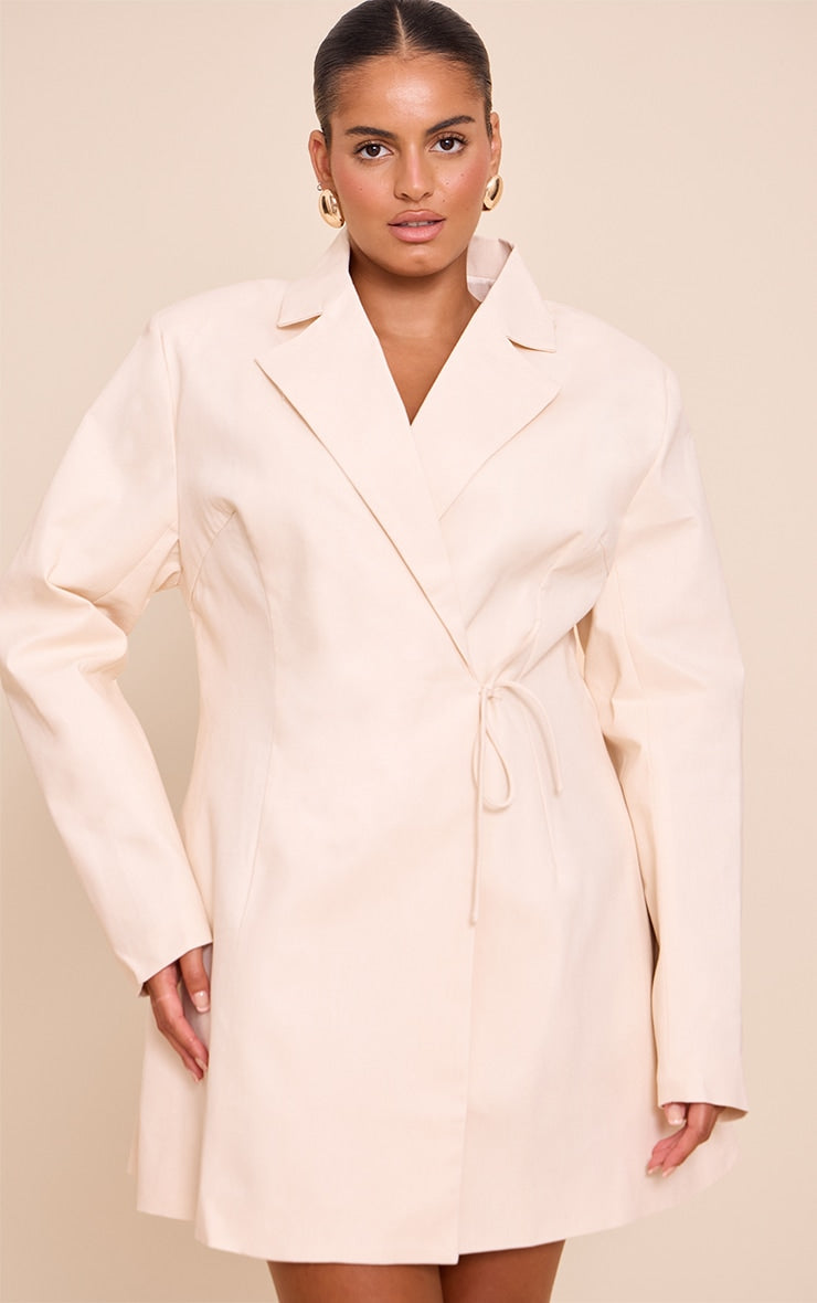 Plus Cream Linen Blend Tie Detail Blazer Dress