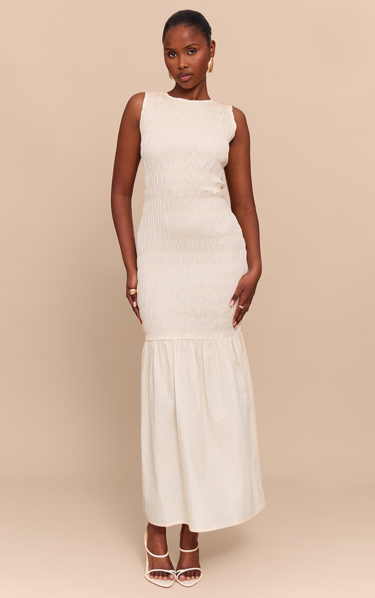 Natural Shirred Detail Drop Waist Maxi Dress