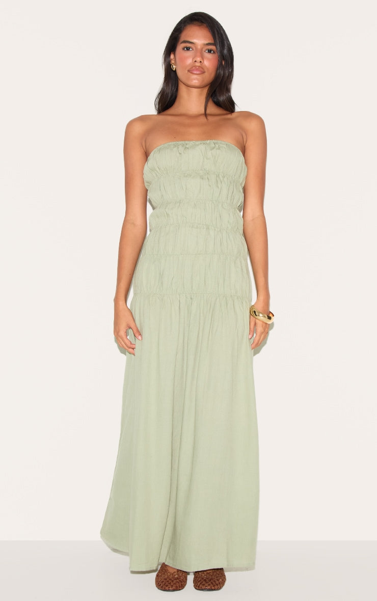 Sage Bandeau Ruched Detail Maxi Dress