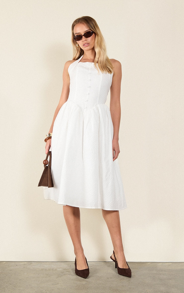 White Embroidered Cotton Halterneck Midaxi Dress