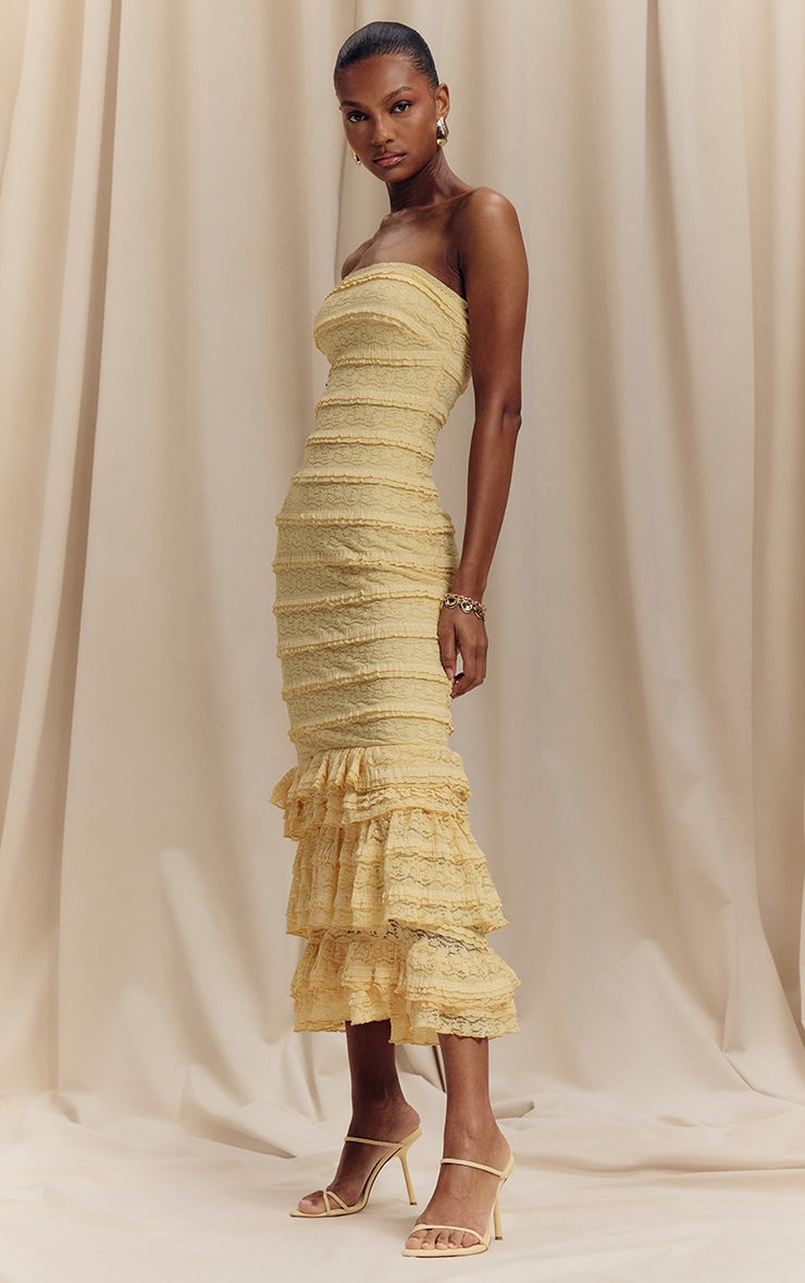 Lemon Textured Lace Frill Tiered Midaxi Dress