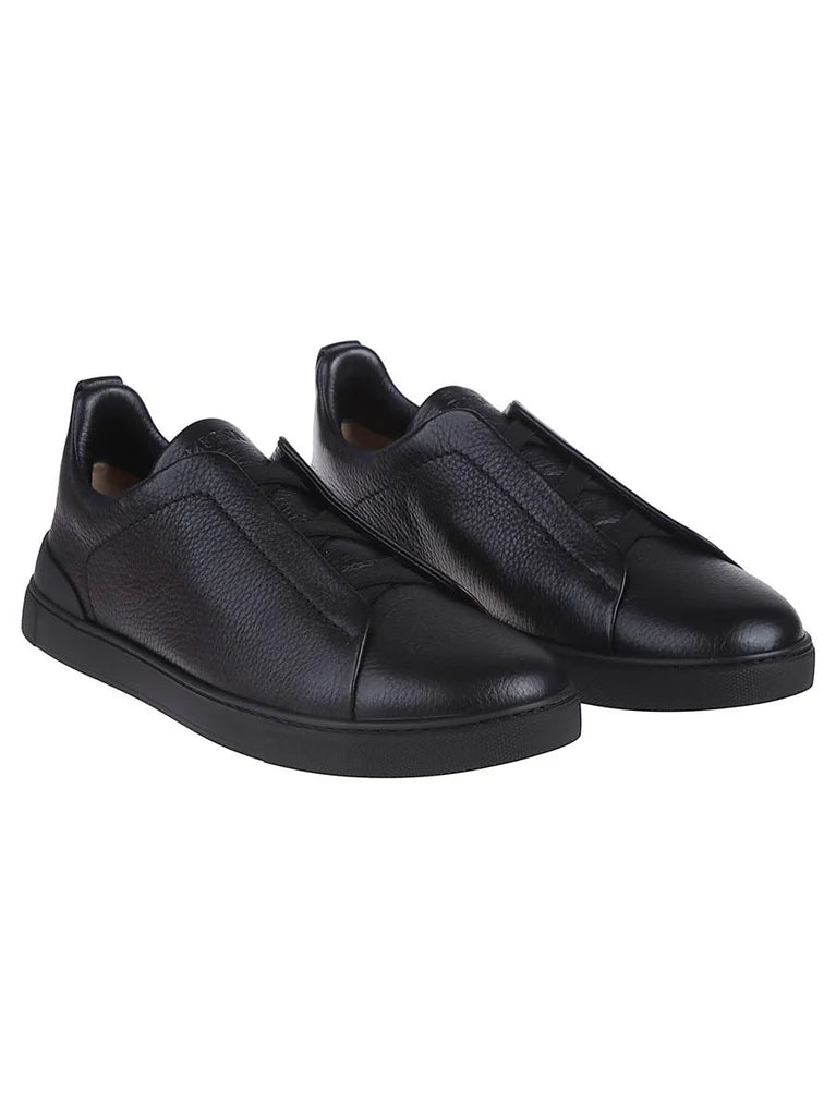 Zegna Men's Triple Stitch Low-Top Sneakers in Black Deer & Cow Leather – Made in Italy