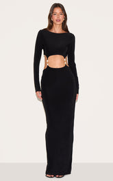 Black Double Slinky Trim Detail Cut Out Maxi Dress