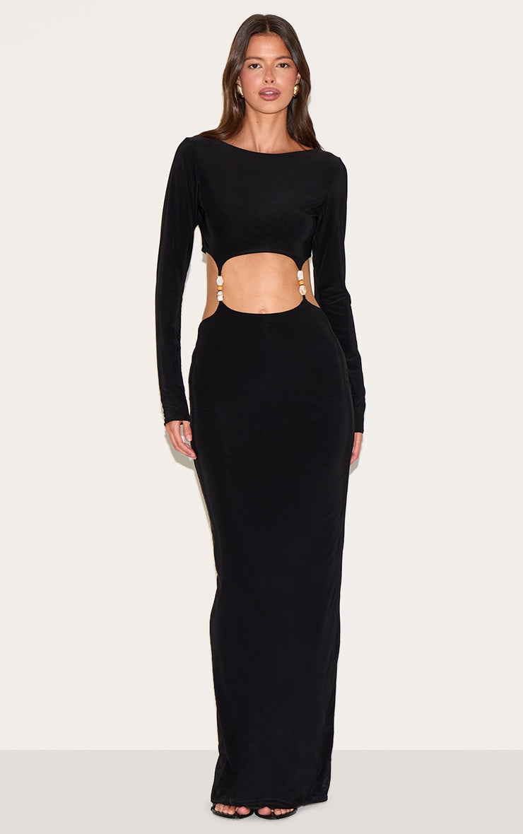 Black Double Slinky Trim Detail Cut Out Maxi Dress