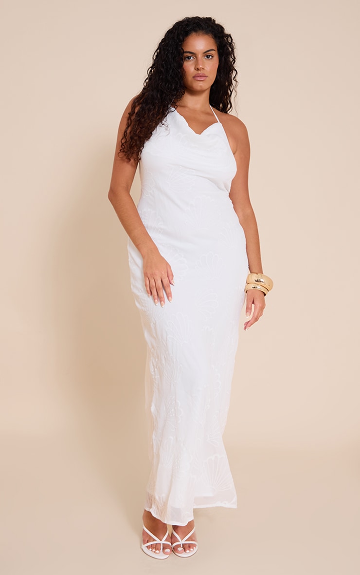 Plus White Chiffon Shell Embroidered Cowl Maxi Dress