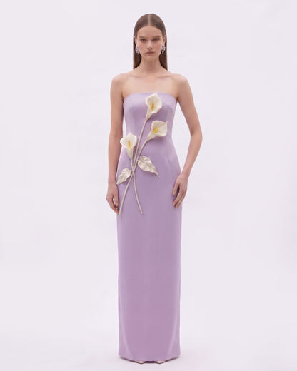 Floral Appliqué Strapless Dress - Coral Pink