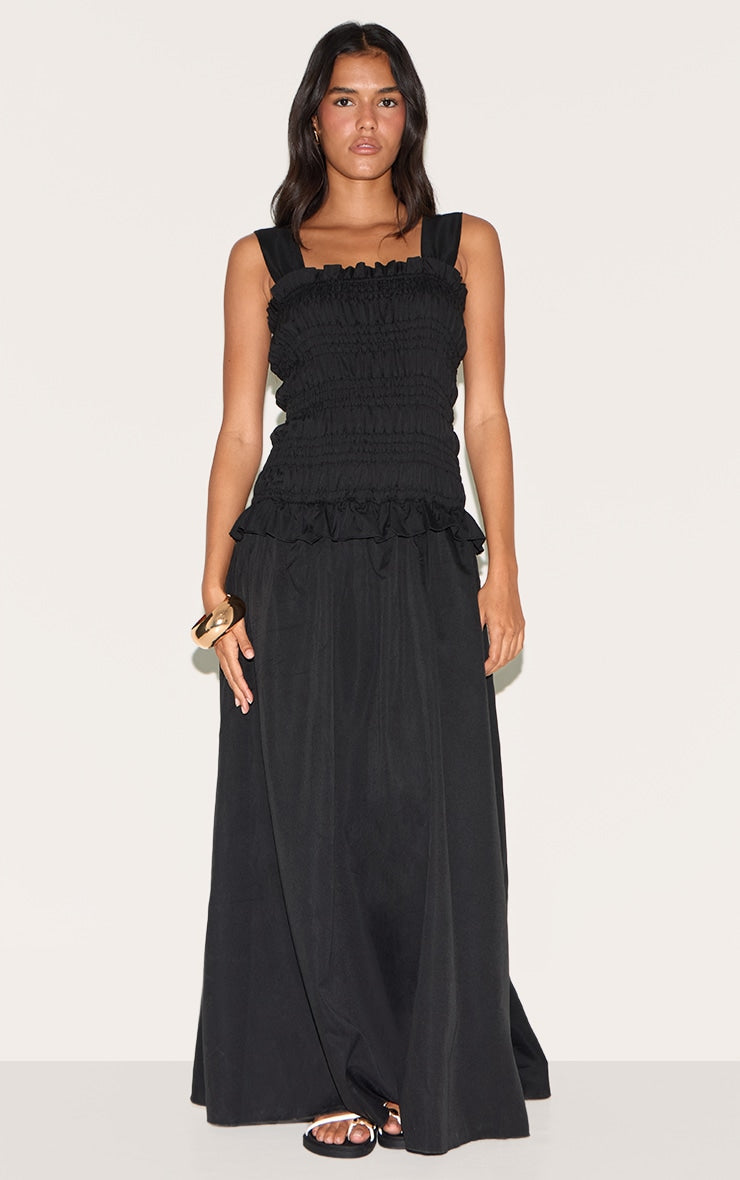 Black Shirred Frill Detail Maxi Dress
