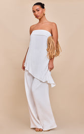 White Textured Wide Leg Trousers