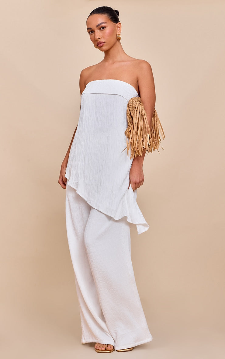 White Textured Wide Leg Trousers