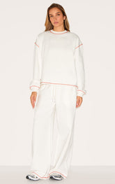 Cream Contrast Stitch Loopback Wide Leg Joggers