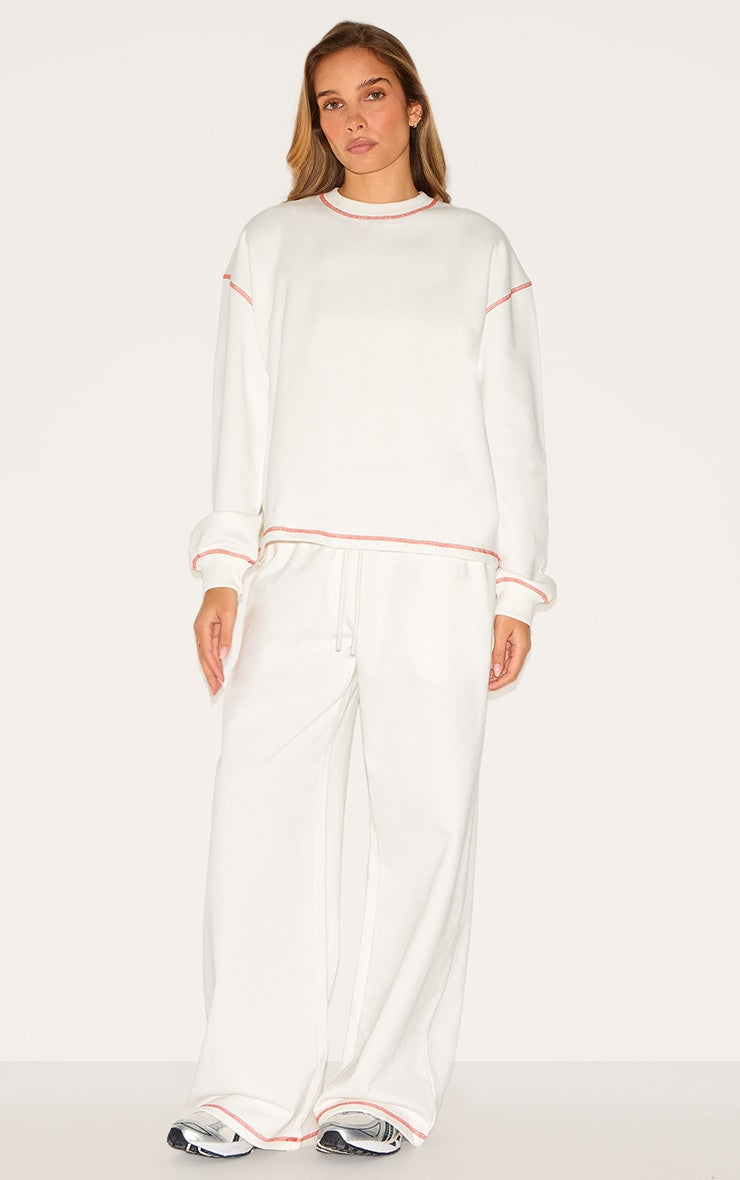 Cream Contrast Stitch Loopback Wide Leg Joggers