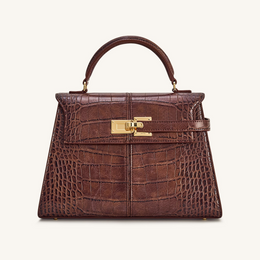 Elise Large Croc-Embossed Top Handle Bag - Chestnut Brown