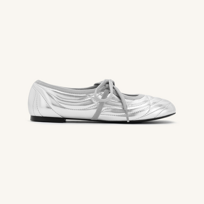 Erika Topstitching lace-up ballet Flats- Silver
