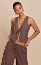 Brown Pinstriped Tie Front Top