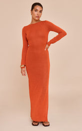 Petite Burnt Orange Open Tie Back Long Sleeve Knitted Maxi Dress