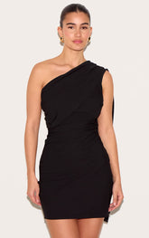 Black Woven Drape Shoulder Mini Dress