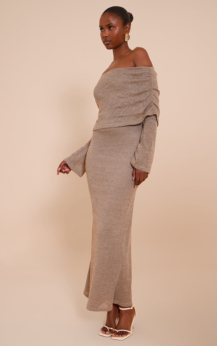 Mocha Textured Bardot Foldover Maxi Dress