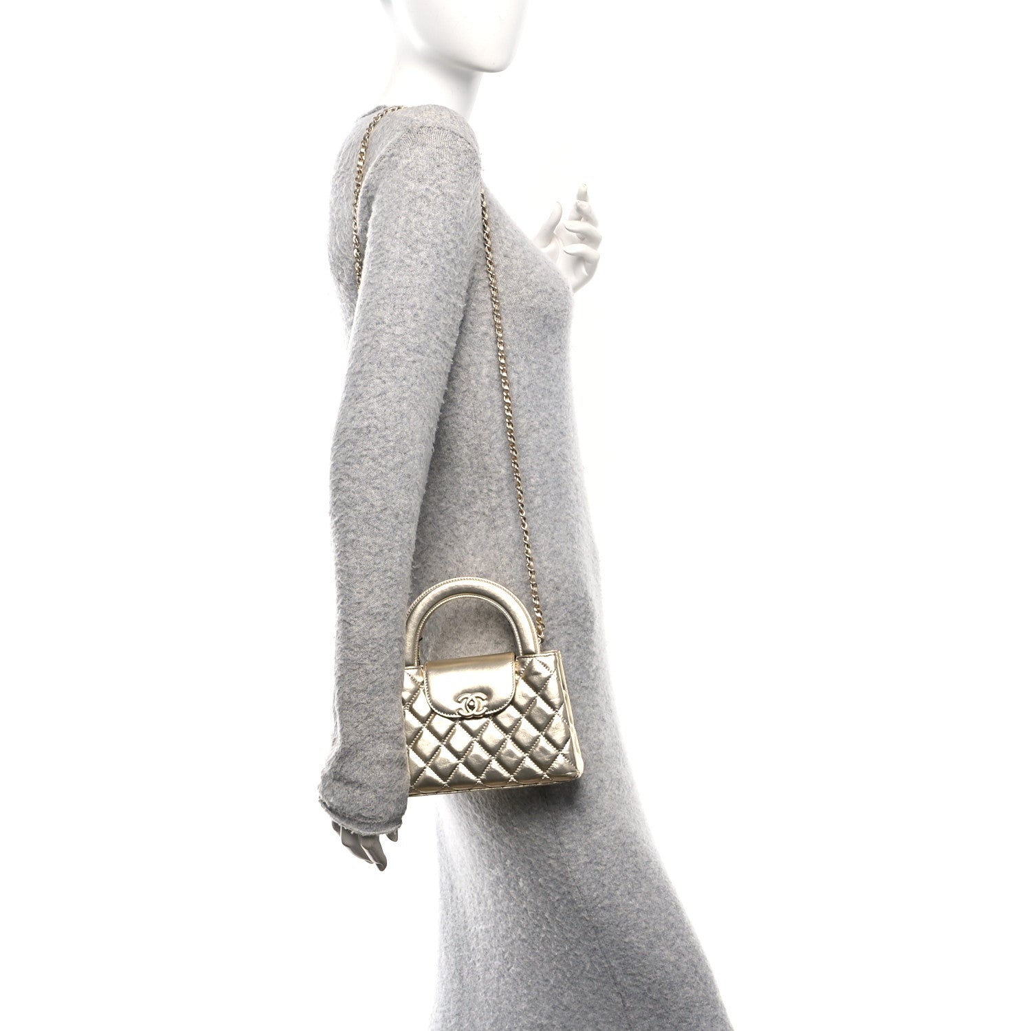 Metallic Shiny Aged Calfskin Quilted Nano Kelly Shopper Gold
