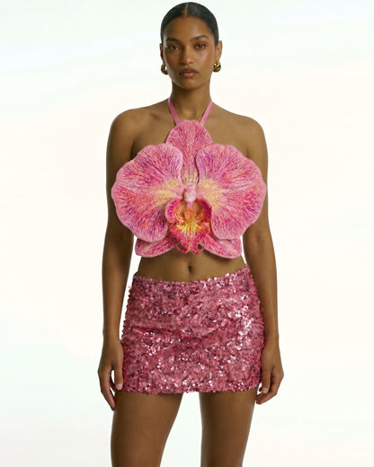 3D Orchid Halter Crop Top - Pink