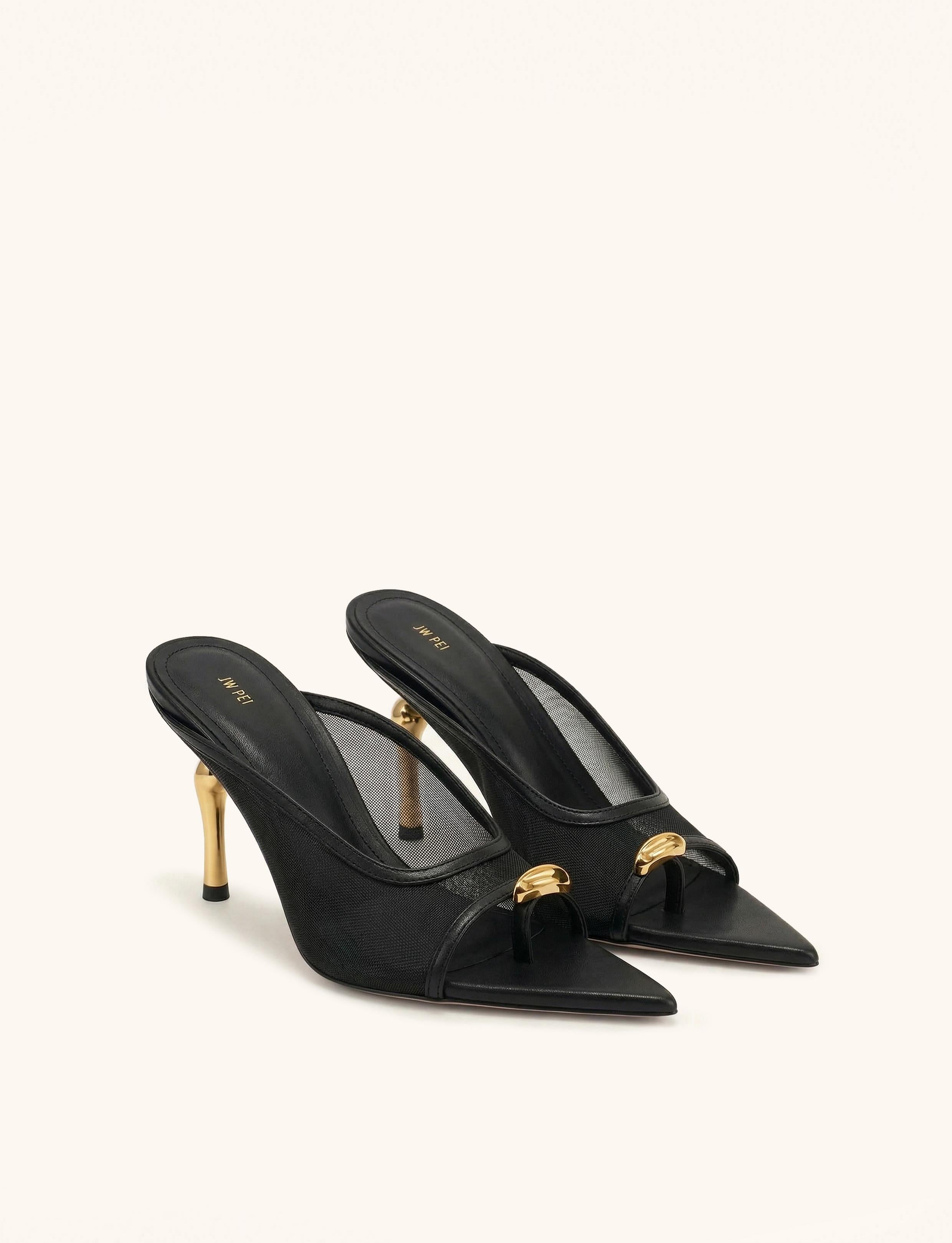 Noemi Pointed-Toe Mesh Mule Heels - Khaki