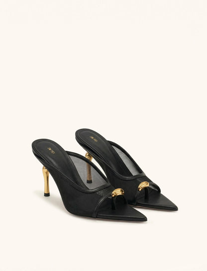Noemi Pointed-Toe Mesh Mule Heels - Khaki