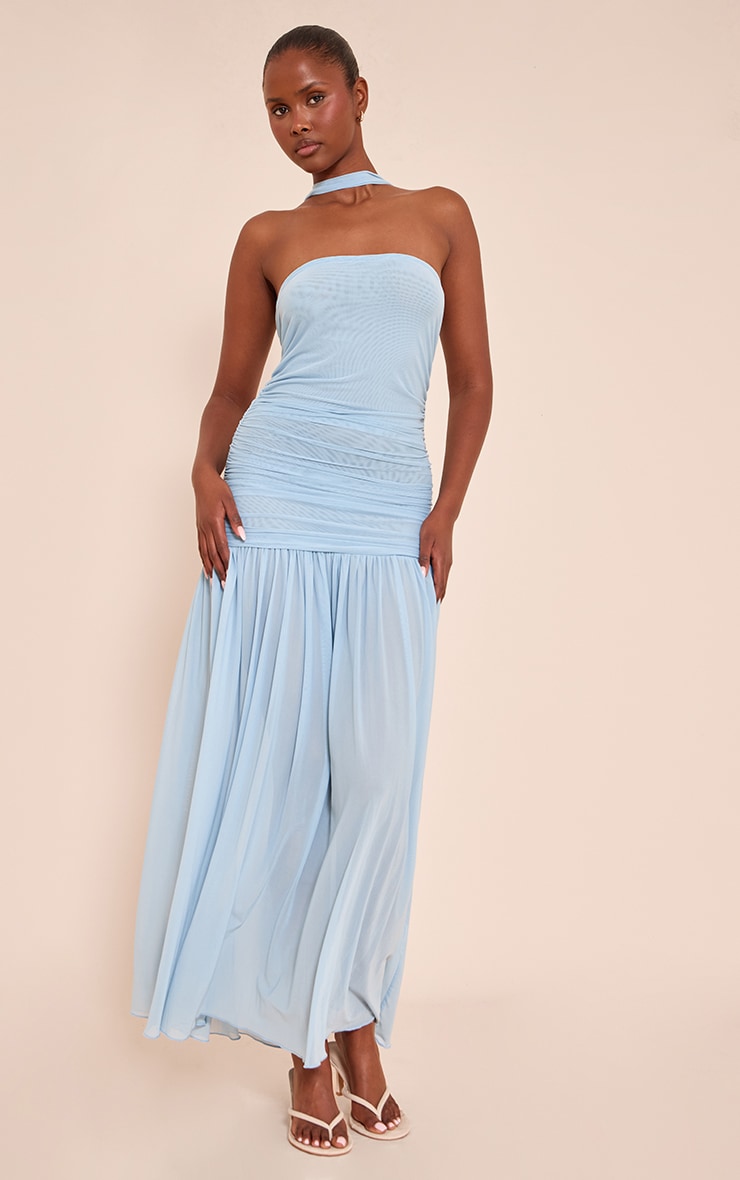 Light Blue Ruched Scarf Dropped Waist Maxi Dress