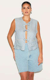 Plus Light Blue Stripe Tie Front Waistcoat