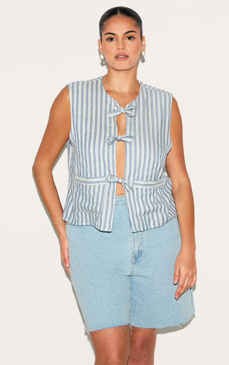 Plus Light Blue Stripe Tie Front Waistcoat