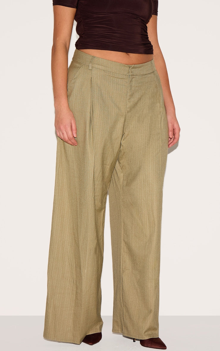 Plus Olive Premium Woven Pinstripe Tailored Straight Leg Trousers