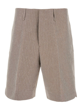 Fendi Beige Bermuda Pants with Belt Loops in Cotton and Linen Blend Man