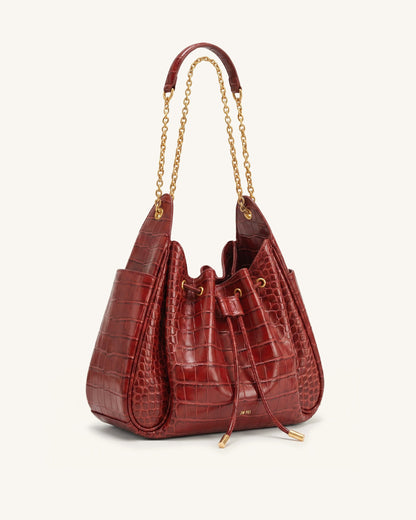Rowan Ruched Drawstring Chain Bucket Bag - Black